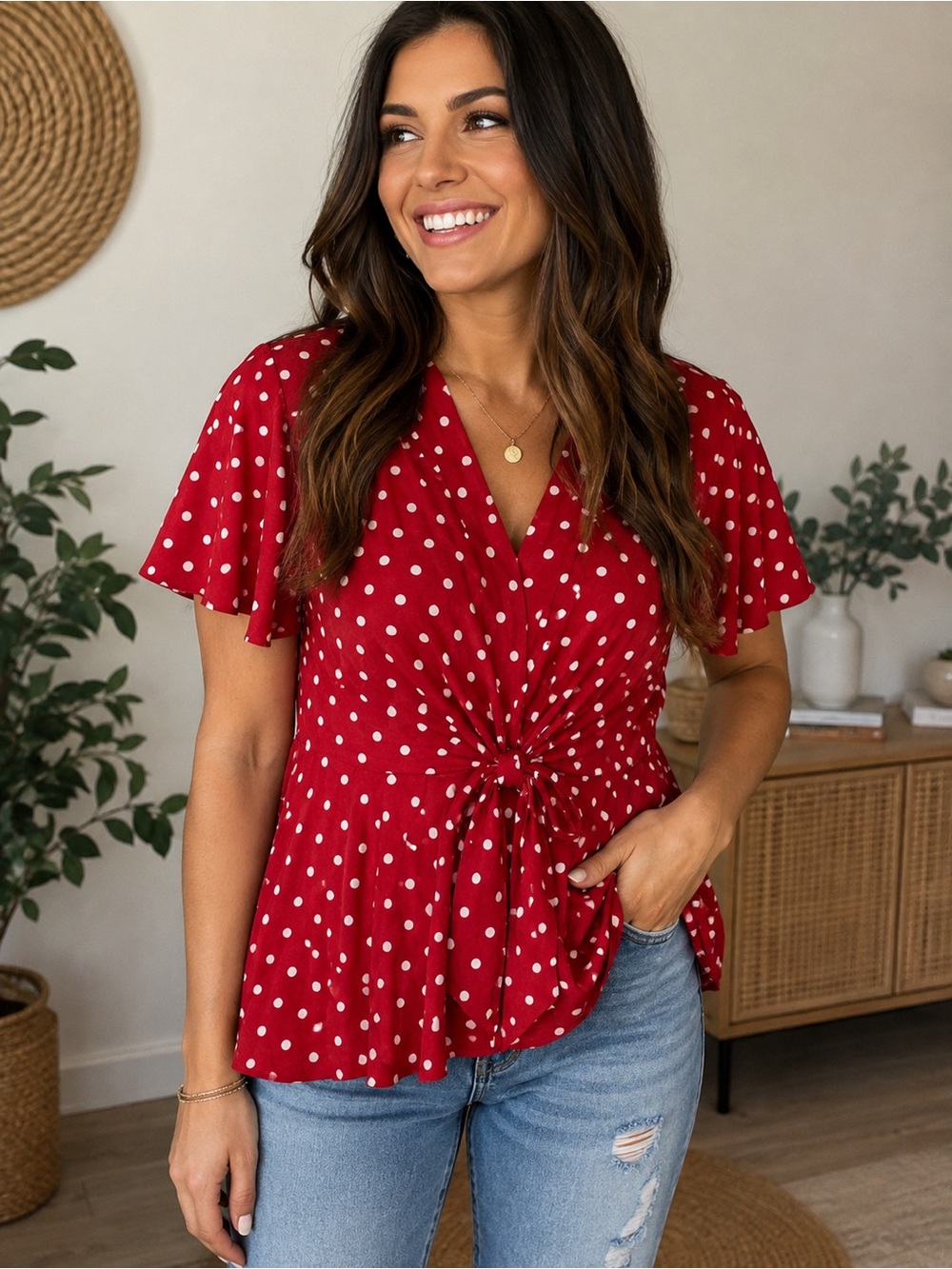Red & White Polka Dot Tie-Front Blouse